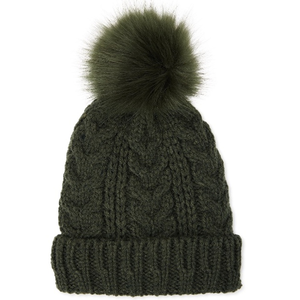 Time and Tru - Women's Cable Knit Lined Beanie Hat with Pom Pom